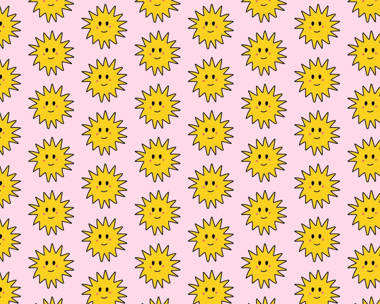schattig naadloos patroon van zon in tekening stijl. grappig glimlach gezichten. vector illustratie Aan een roze achtergrond.
