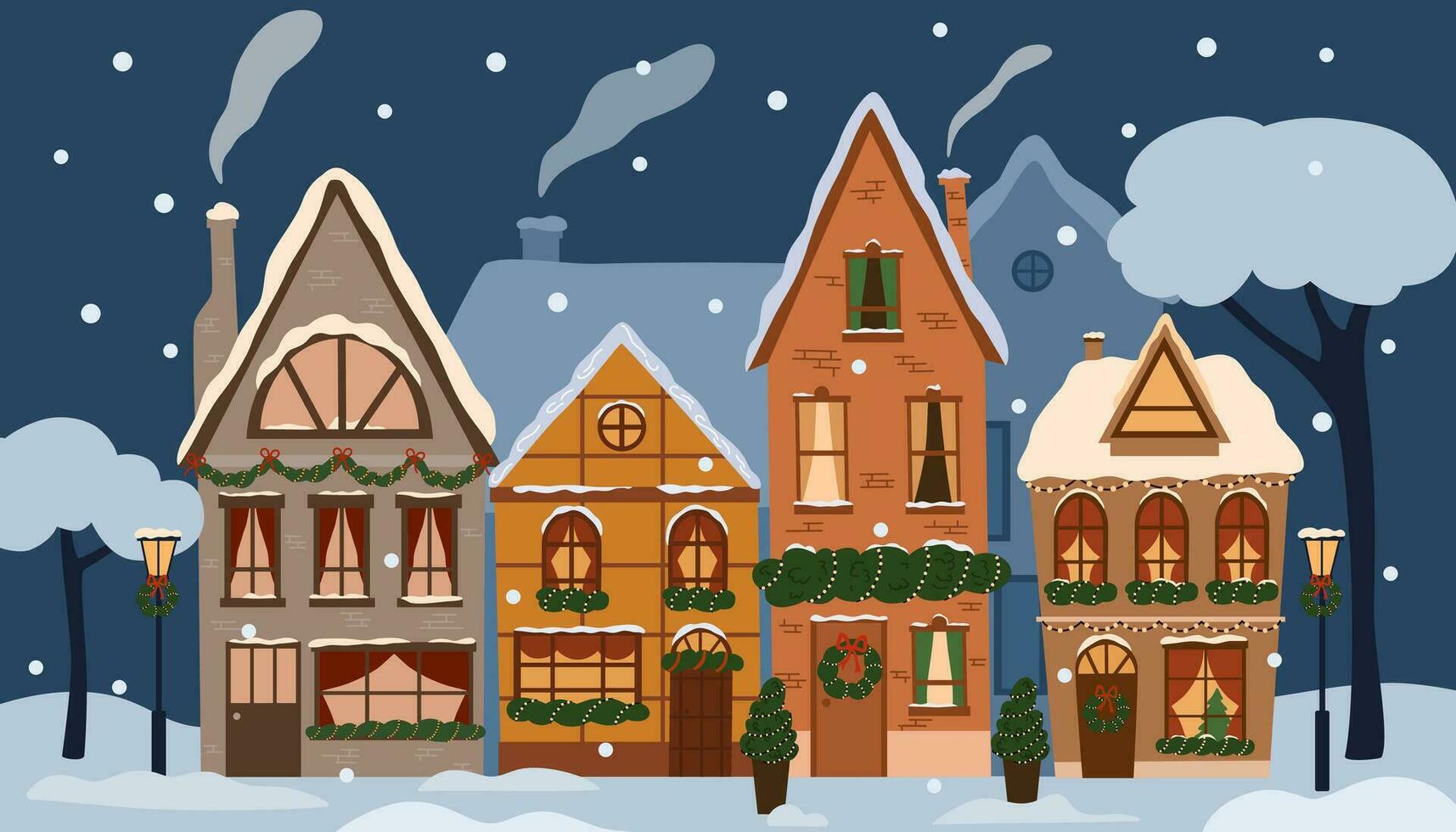 winter stad met huizen in sneeuw, versierd voor kerstmis. straat van Europese huis gebouw met Kerstmis decoratie Aan facade. winter vakantie. Europese stadsgezicht panorama. vlak vector illustratie