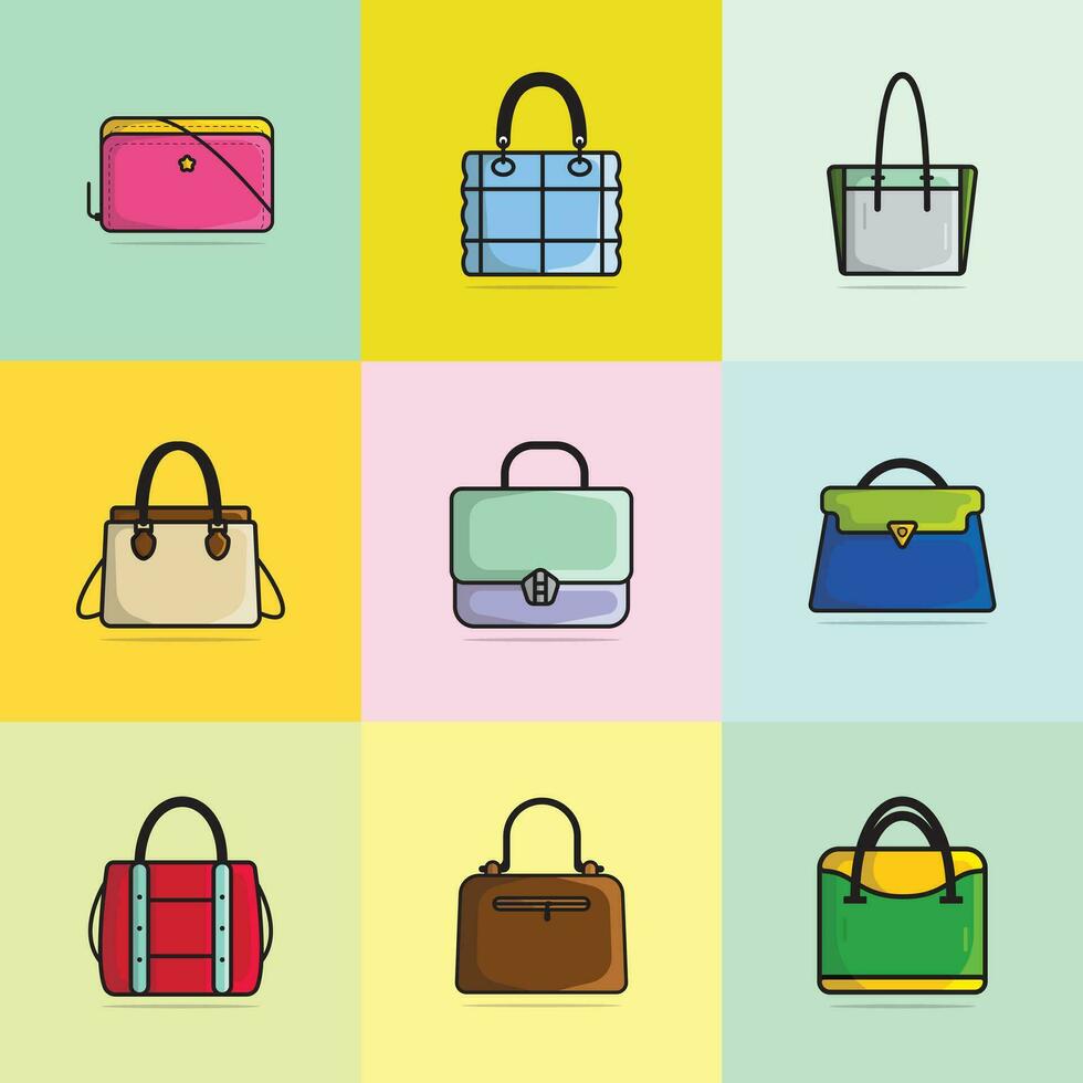 verzameling van 9 luxe modern Dames evenementen handtassen vector illustratie. schoonheid mode voorwerpen icoon concept. reeks van meisjes mode portemonnees vector ontwerp.