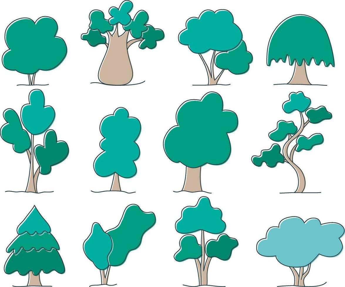 bomen gekleurde tekening schetsen stijl reeks vector