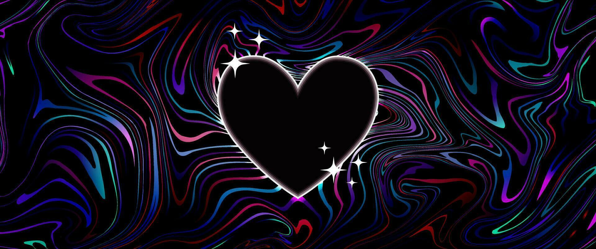 digitaal Valentijn dag gloeiend hart kader, retro y2k knippert en abstract vloeistof donker achtergrond. vector banier, horizontaal poster, groet.
