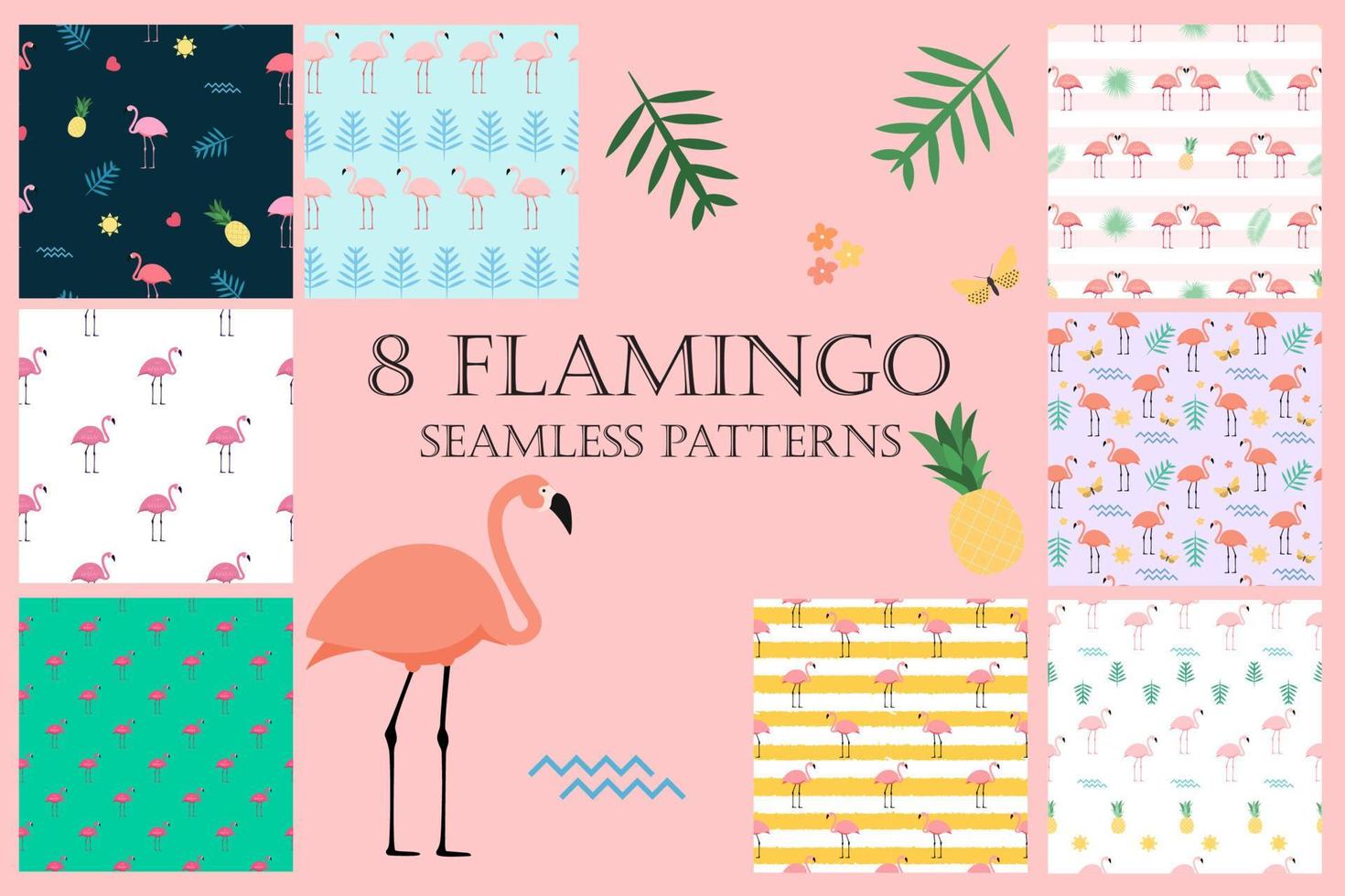 zomer roze flamingo naadloze patroon achtergrond set vector