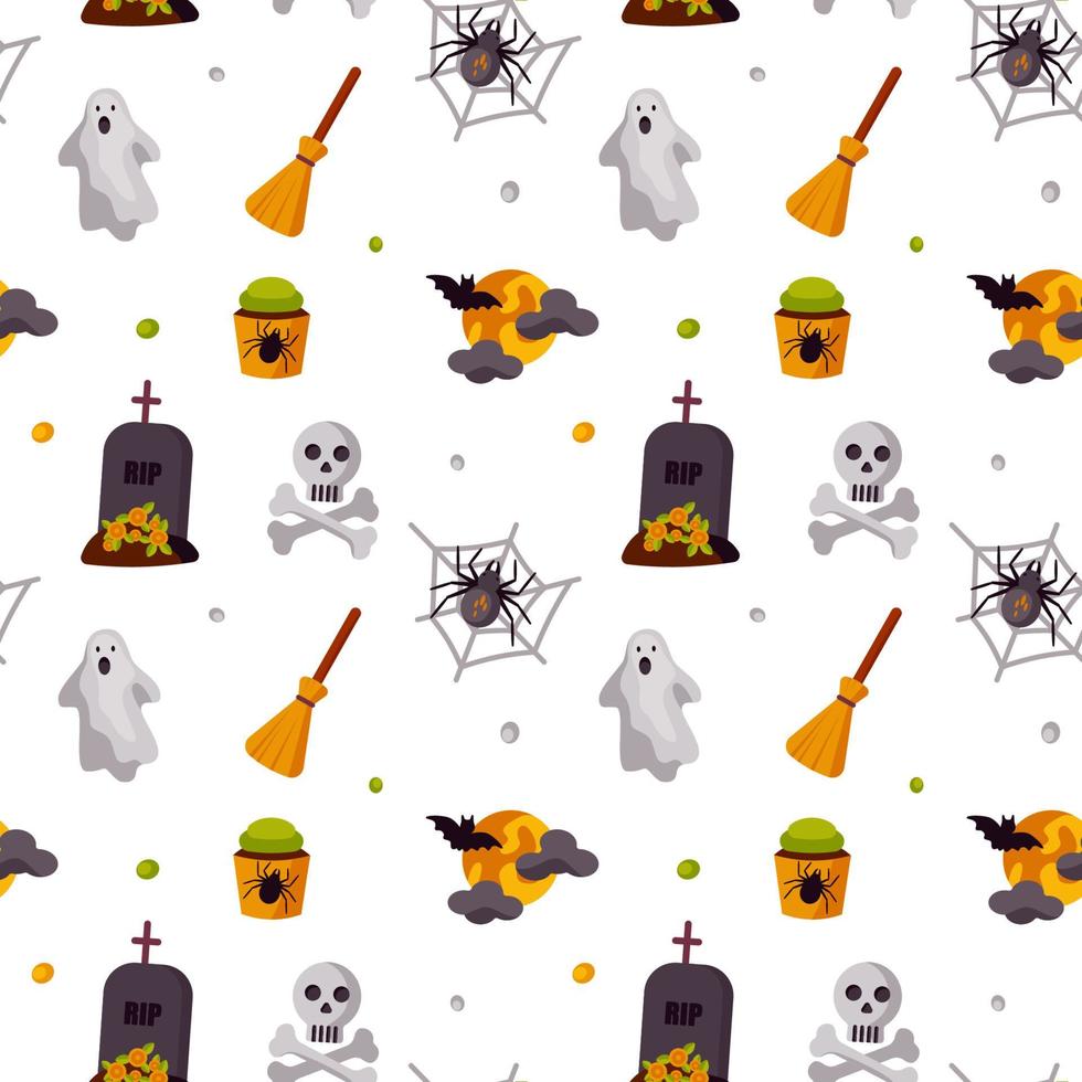 Halloween schattig naadloos patroon met een schedel en gekruiste knekels, bezem, spook, maan, vleermuis, spin en graf. kinderen ontwerpen voor kleding, inpakpapier, textiel, stof, behang. vector illustratie