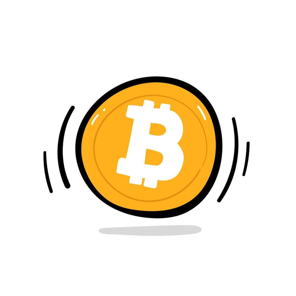 gouden bitcoin cartoon hand getrokken stijl vector, geïsoleerd op een witte achtergrond. vector