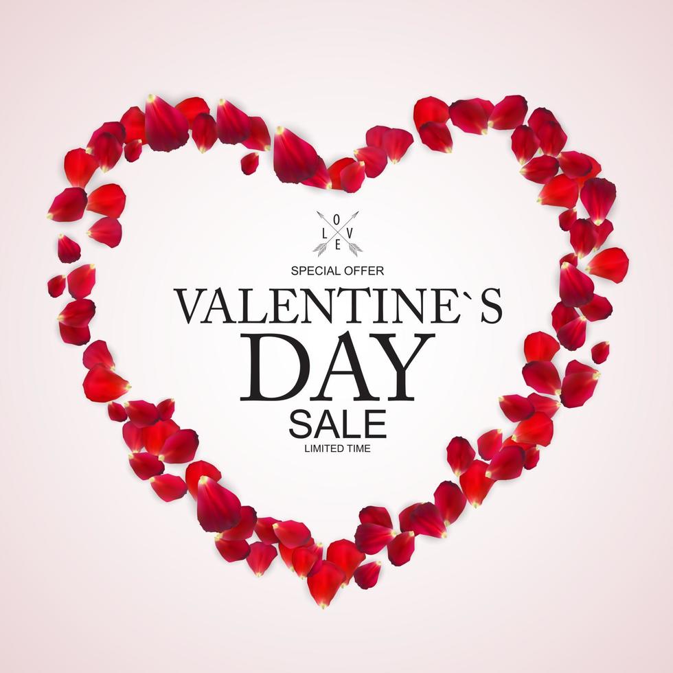 Valentijnsdag verkoop, kortingskaart met rozenblaadjes. vector