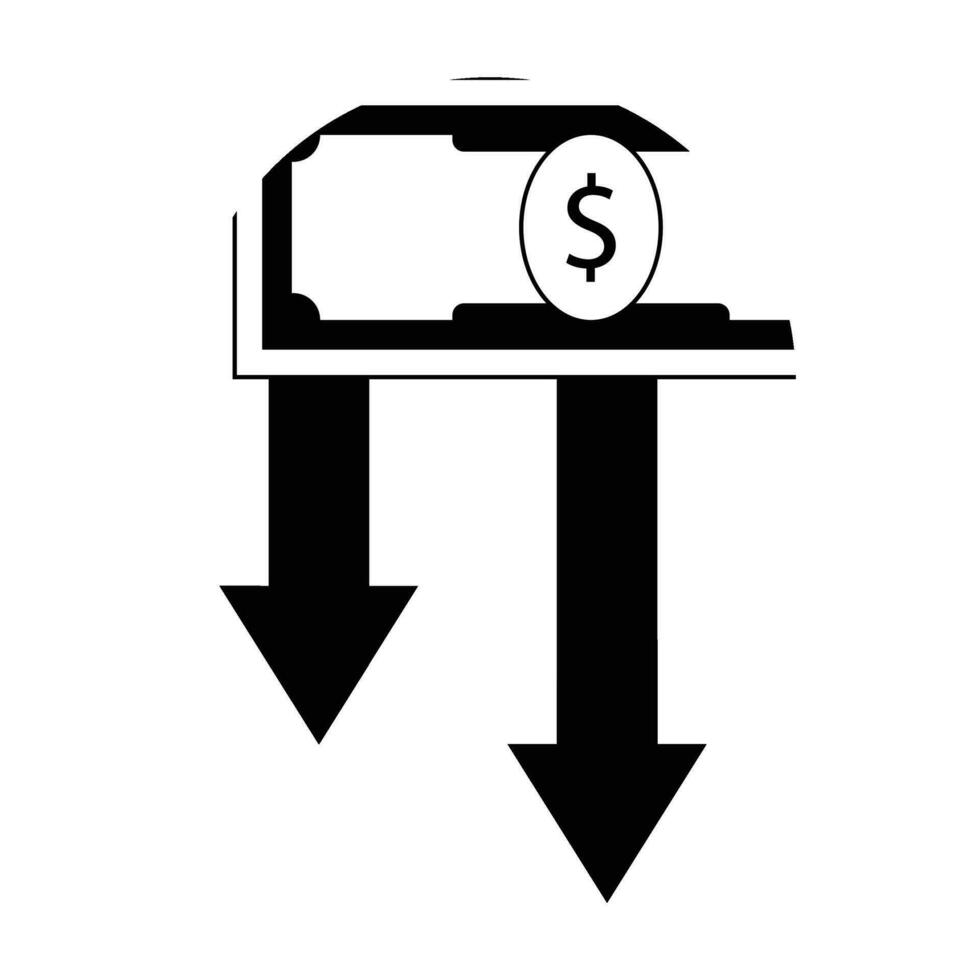 financiën crisis icoon zwart wit. geld dollar bankbiljet en pijlen omlaag. vector illustratie