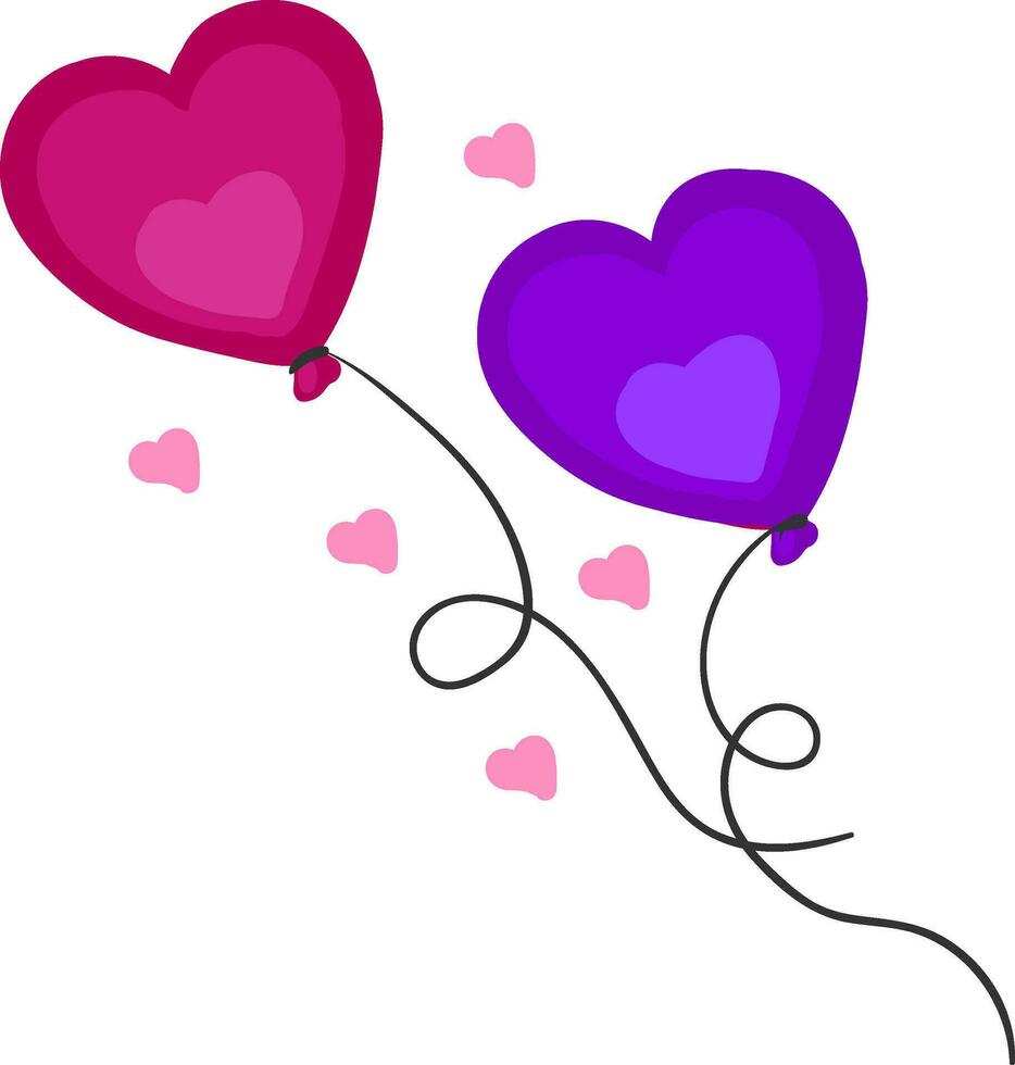 Purper en roze hart vorm ballonnen drijft samen in een hart vorm achtergrond vector kleur tekening of illustratie