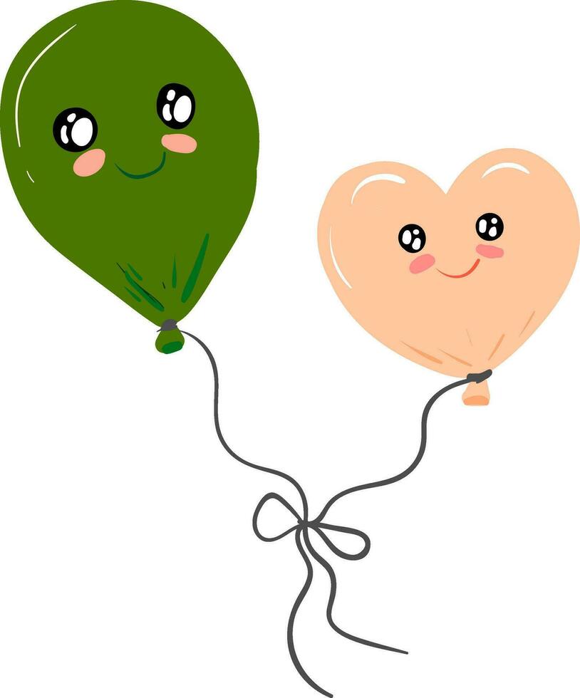 een hartvormig roze ballon en een ovaal van vorm groen ballon drijvend samen met glimlachen ogen en Gesloten glimlach draaien omhoog naar wangen vector kleur tekening of illustratie