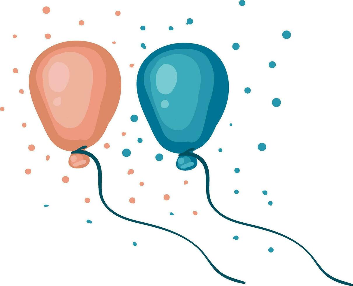 twee perzik en blauw ballonnen gebonden naar individu strings en confetti Bij een partij vector kleur tekening of illustratie