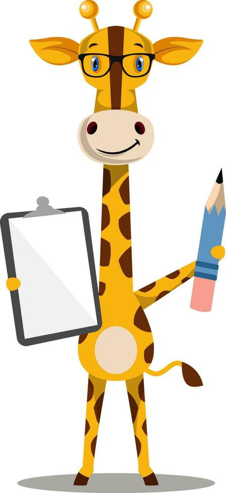 giraffe met pen en notitieboekje, illustratie, vector Aan wit achtergrond.