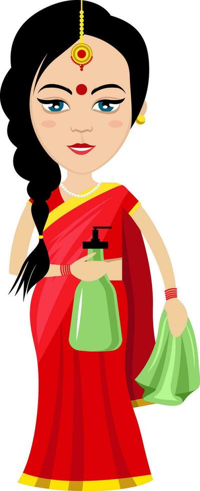Indisch vrouw schoonmaak , illustratie, vector Aan wit achtergrond.