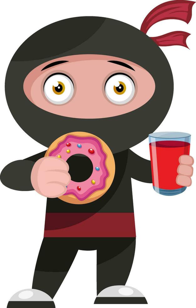 Ninja met donut, illustratie, vector Aan wit achtergrond.