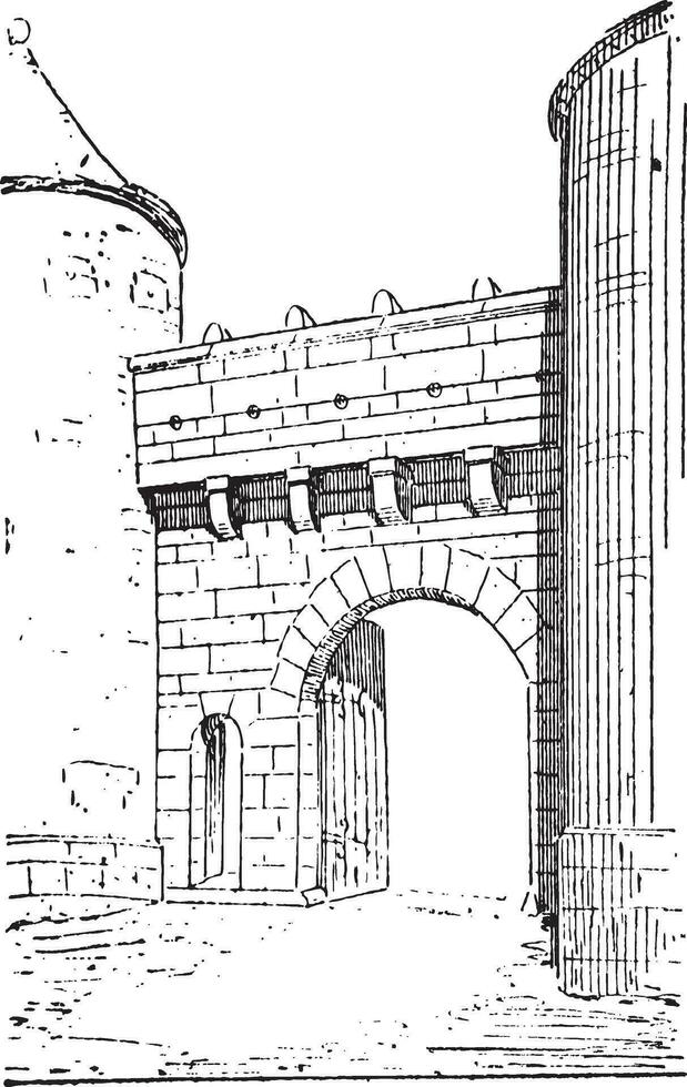 de poort van flavigny-sur-ozerain wijnoogst gravure vector