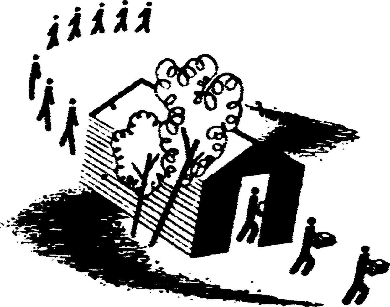 mannen binnengaan spannend gebouw, wijnoogst illustratie vector