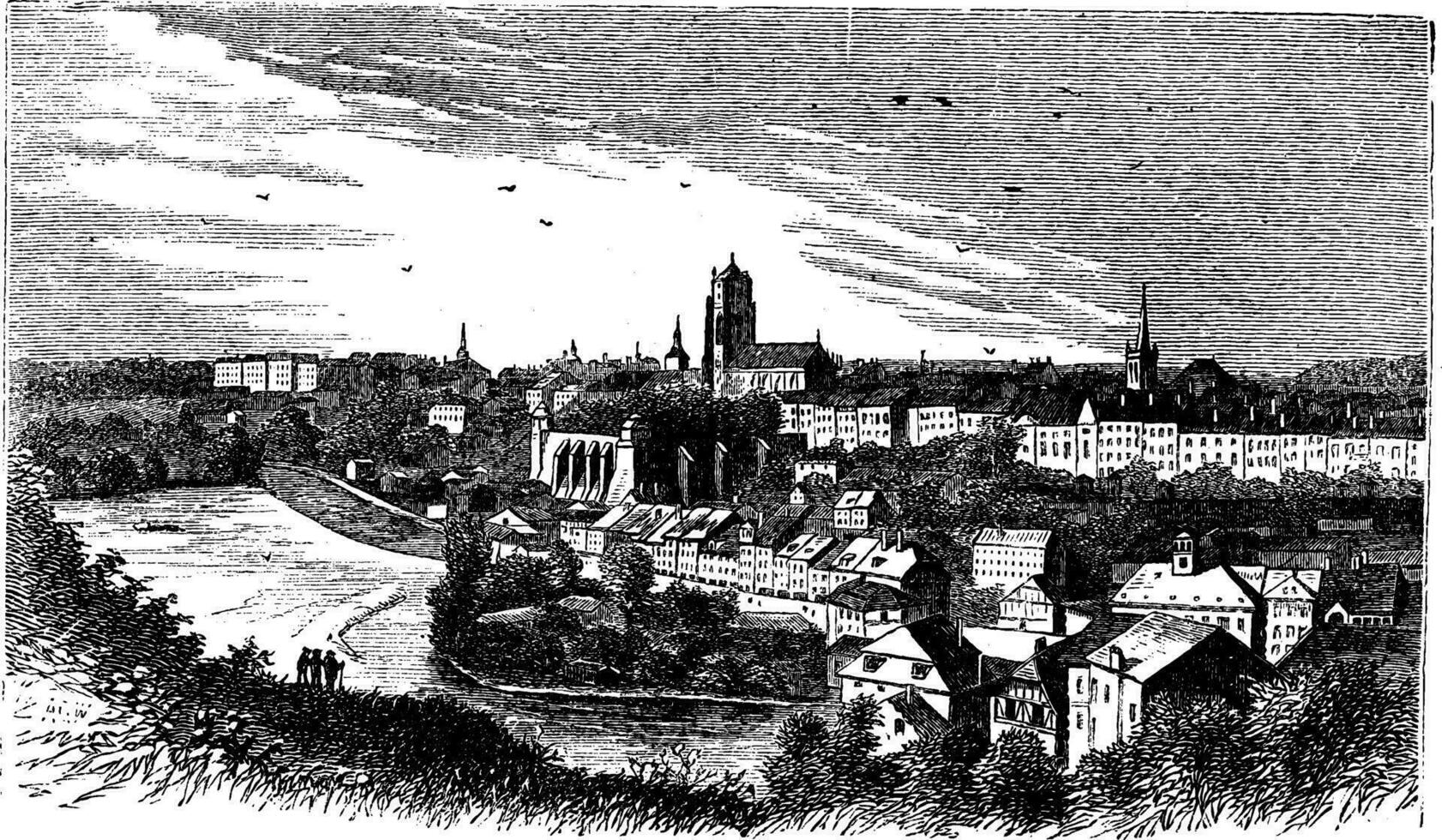 Bern stad in laat 19e eeuw, Zwitserland , wijnoogst gravure. vector