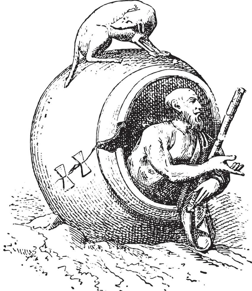 vat van diogenes, wijnoogst gravure. vector