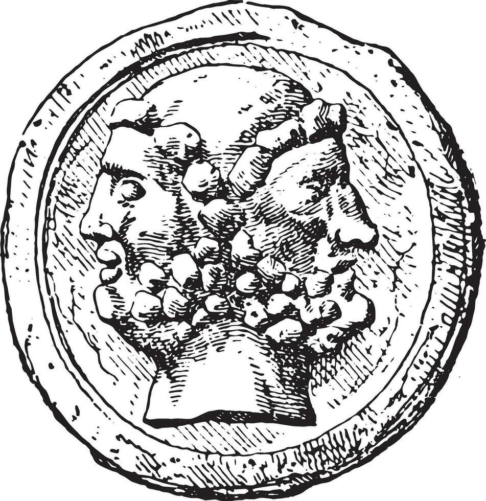 Janus, wijnoogst gravure. vector