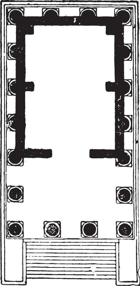 pseudo-peripteraal tempel, tempel van mannelijk fortuin, wijnoogst gravure. vector