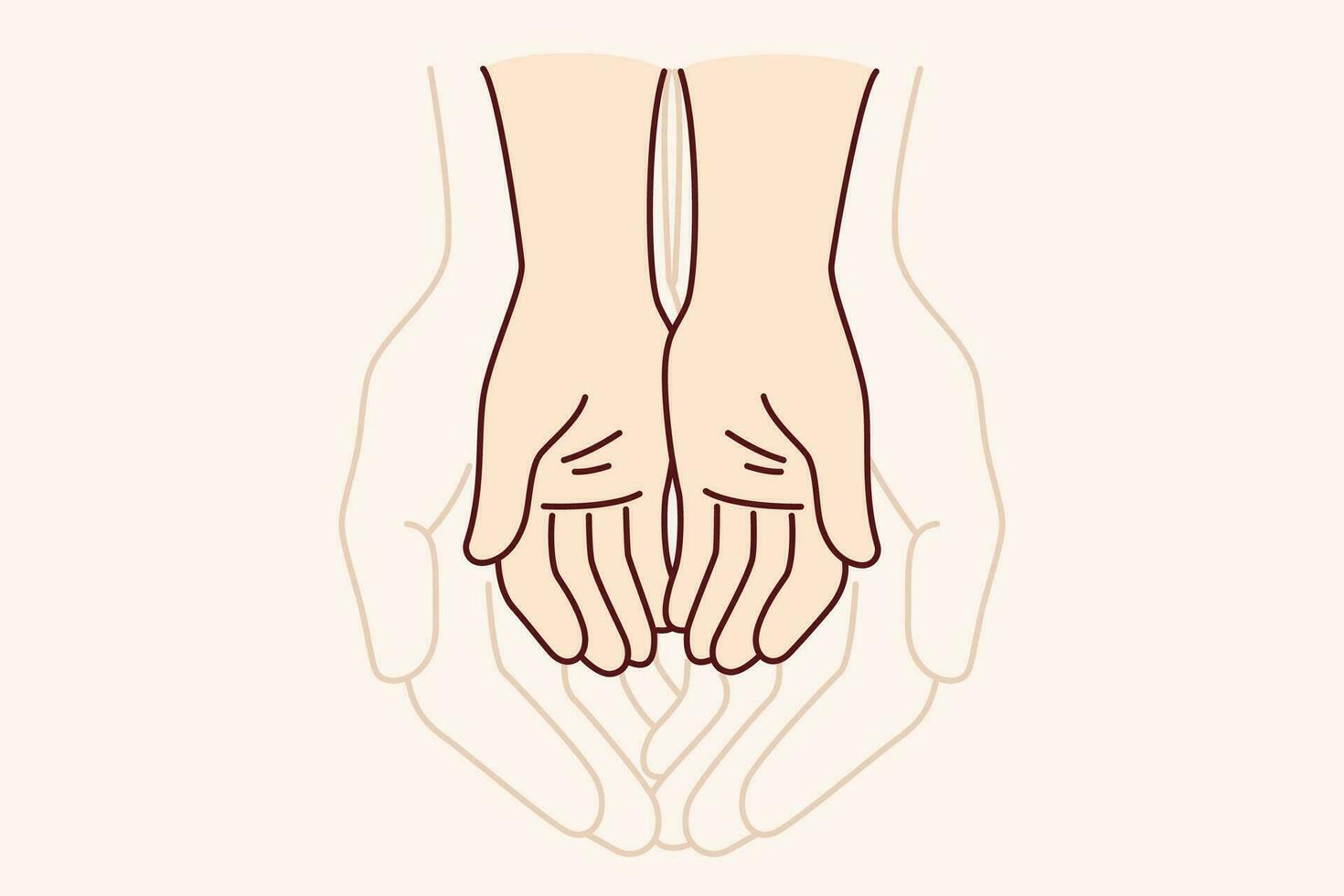 handen van volwassen en kind symboliseren eenheid van verschillend generaties en zorg voor kinderen. aanraken vergelijking van grootte van handen van vader en zoon ervaren genegenheid of vertrouwen in familie vector