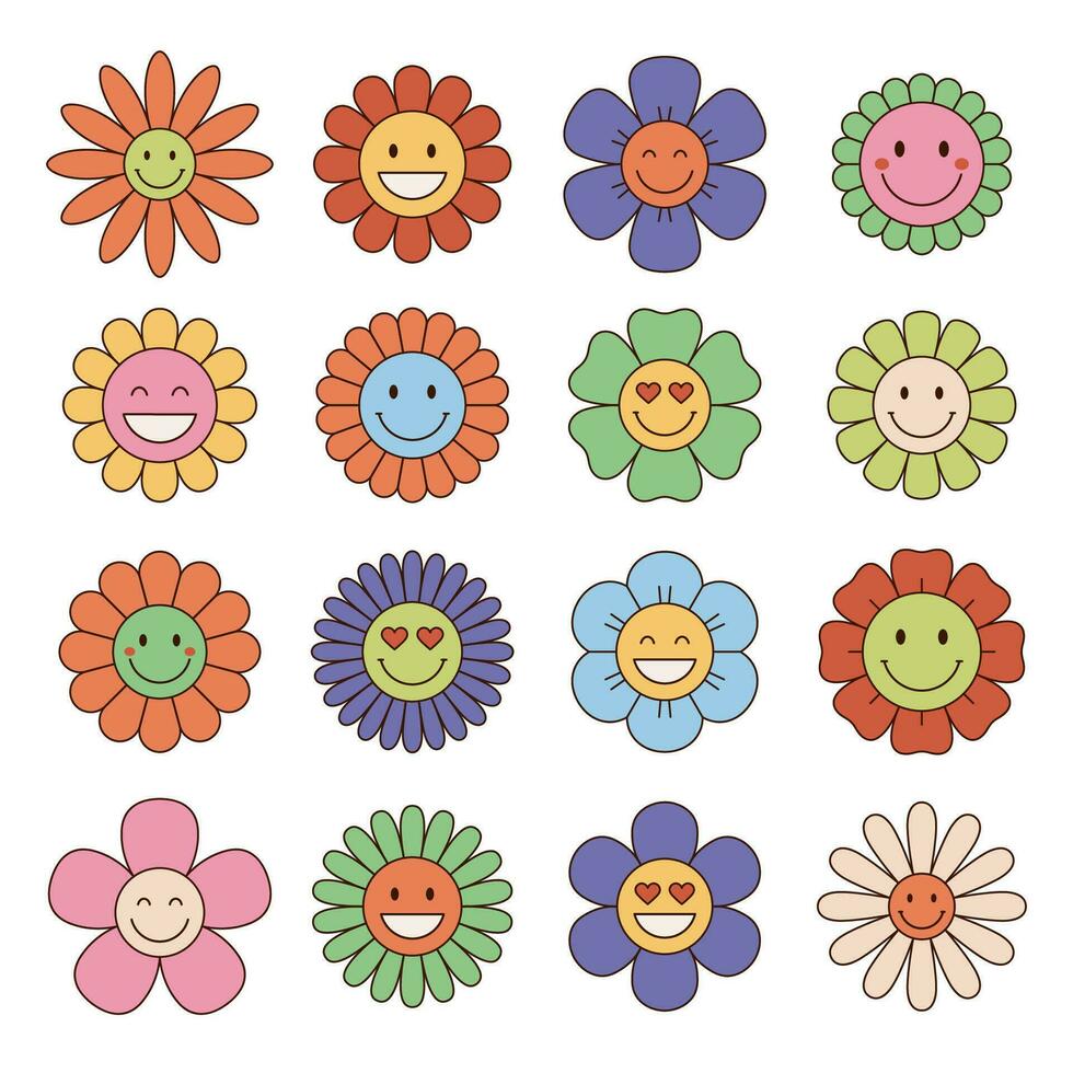 hippie bloemen, schattig wijnoogst stijl, retro bloemen met gezichten, emoji's, glimlacht. reeks van vector illustraties.