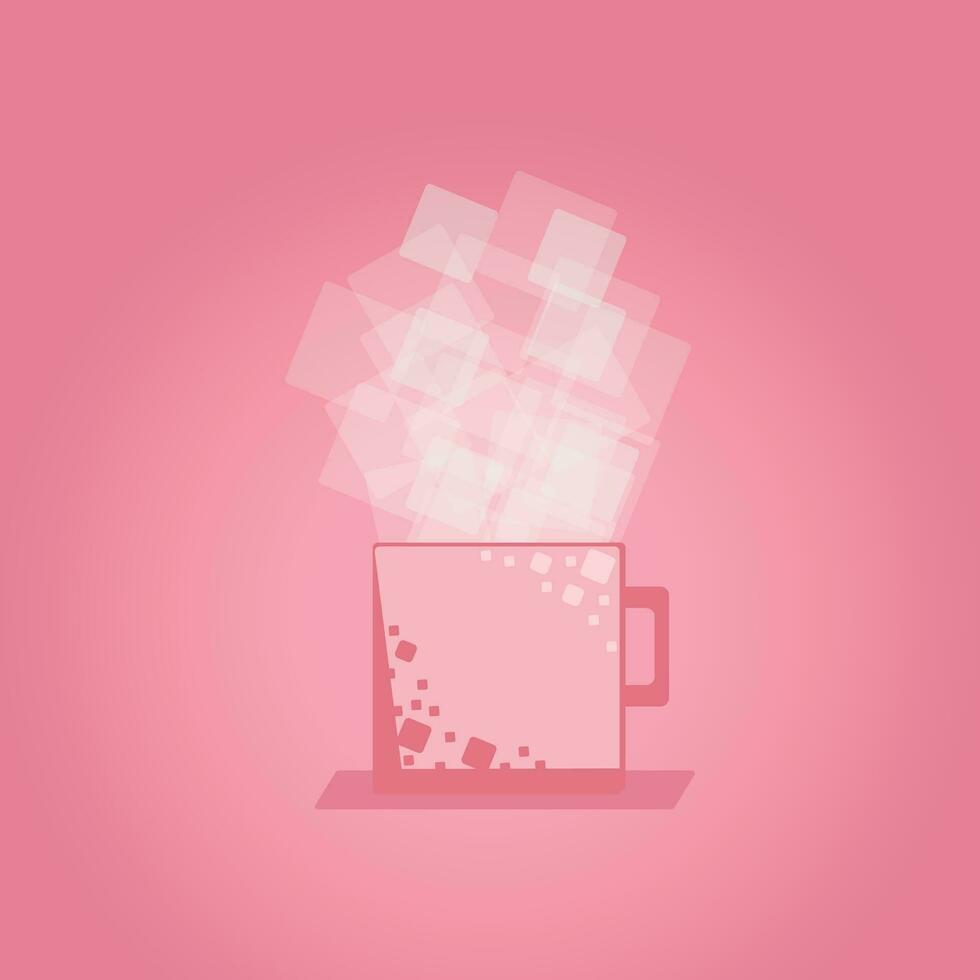 roze kop van koffie of thee met rook vlotter omhoog. heet drinken vlak stijl. decoratief ontwerp voor cafetaria, affiches, spandoeken, kaart vector