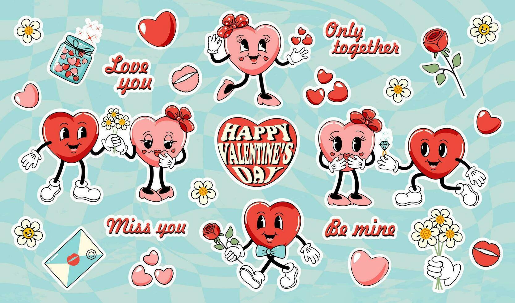 Valentijnsdag dag sticker set. retro tekenfilm stijl. esthetiek van de jaren 70, Jaren 60 vector