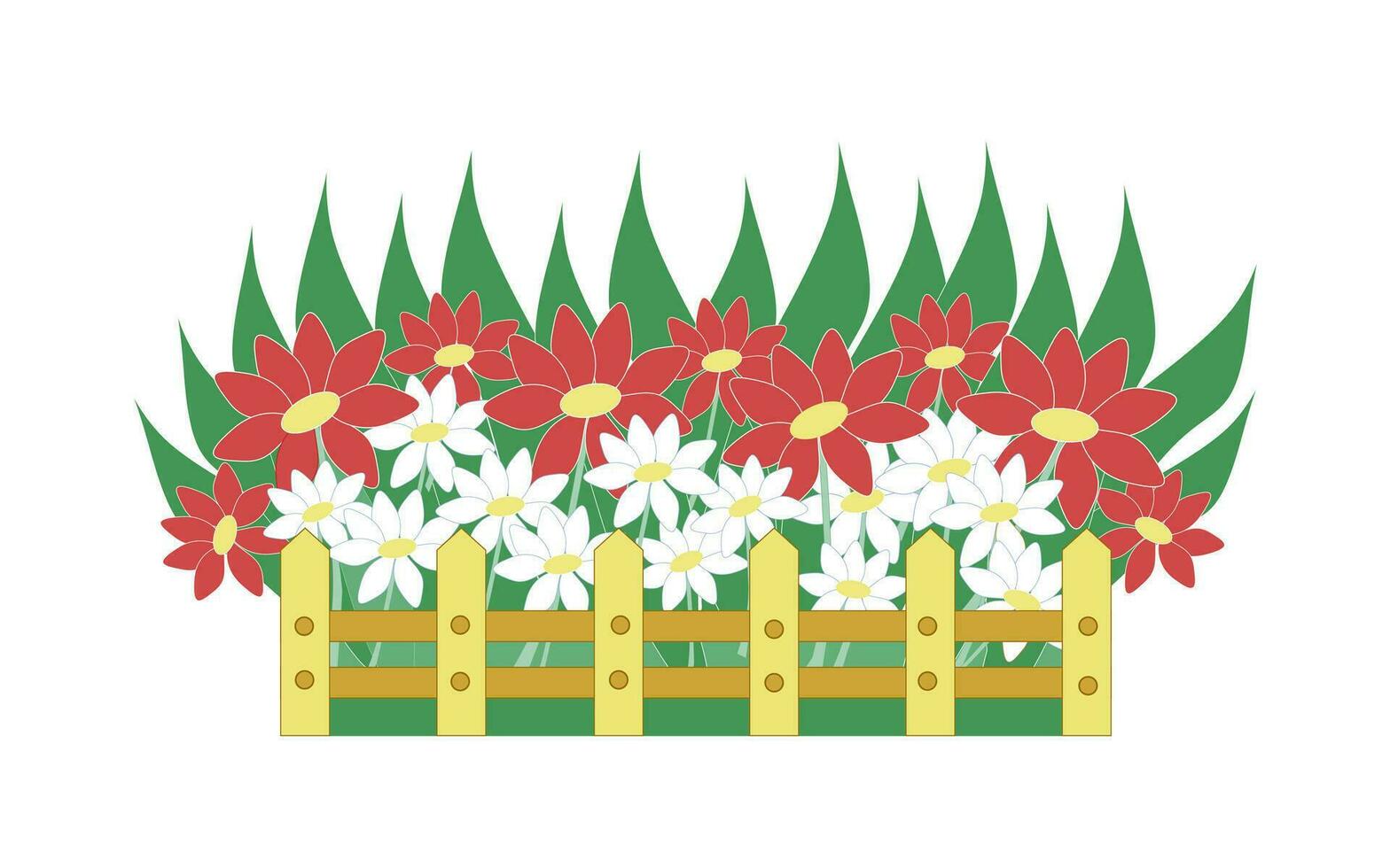 bloem bed met bloeiend rood en wit madeliefjes en madeliefjes vector