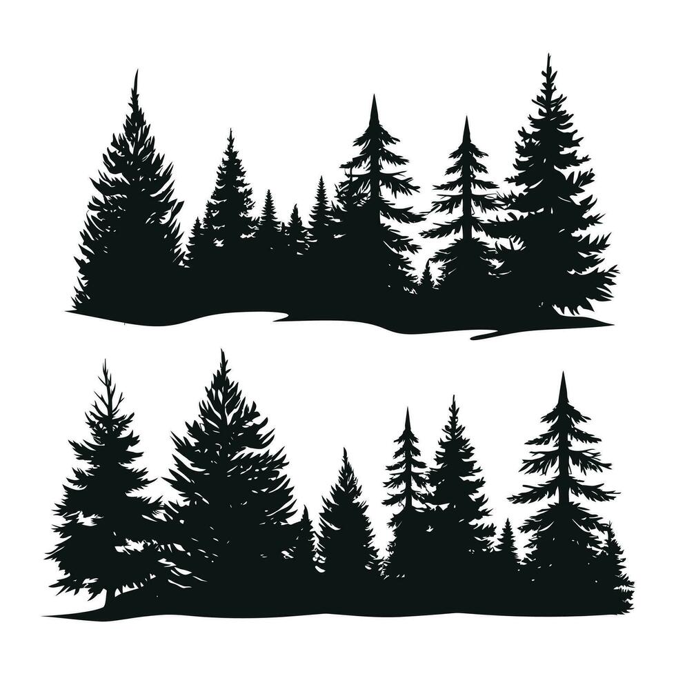 vector wijnoogst bomen en Woud silhouetten reeks met Spar boom silhouet en schets