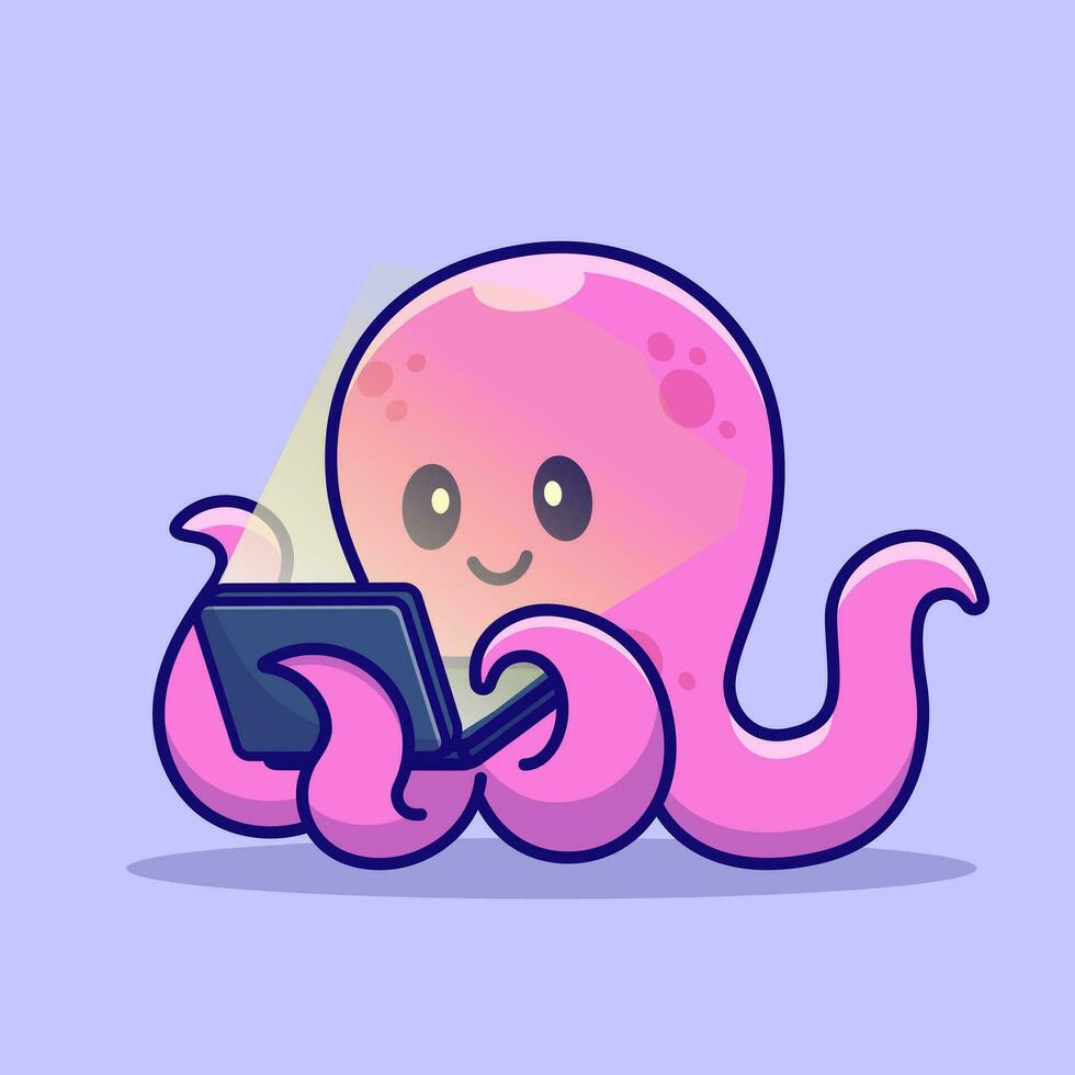 schattig Octopus werken Aan laptop tekenfilm vector icoon illustratie. dier technologie icoon concept geïsoleerd premie vector. vlak tekenfilm stijl