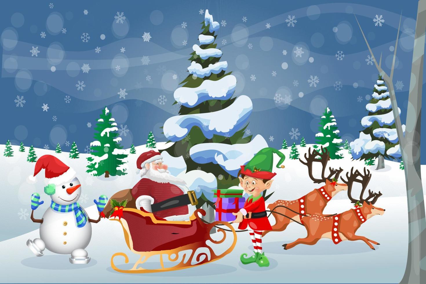 vrolijk kerstfeest winter wenskaart sant claus met sneeuwpop en elf vector