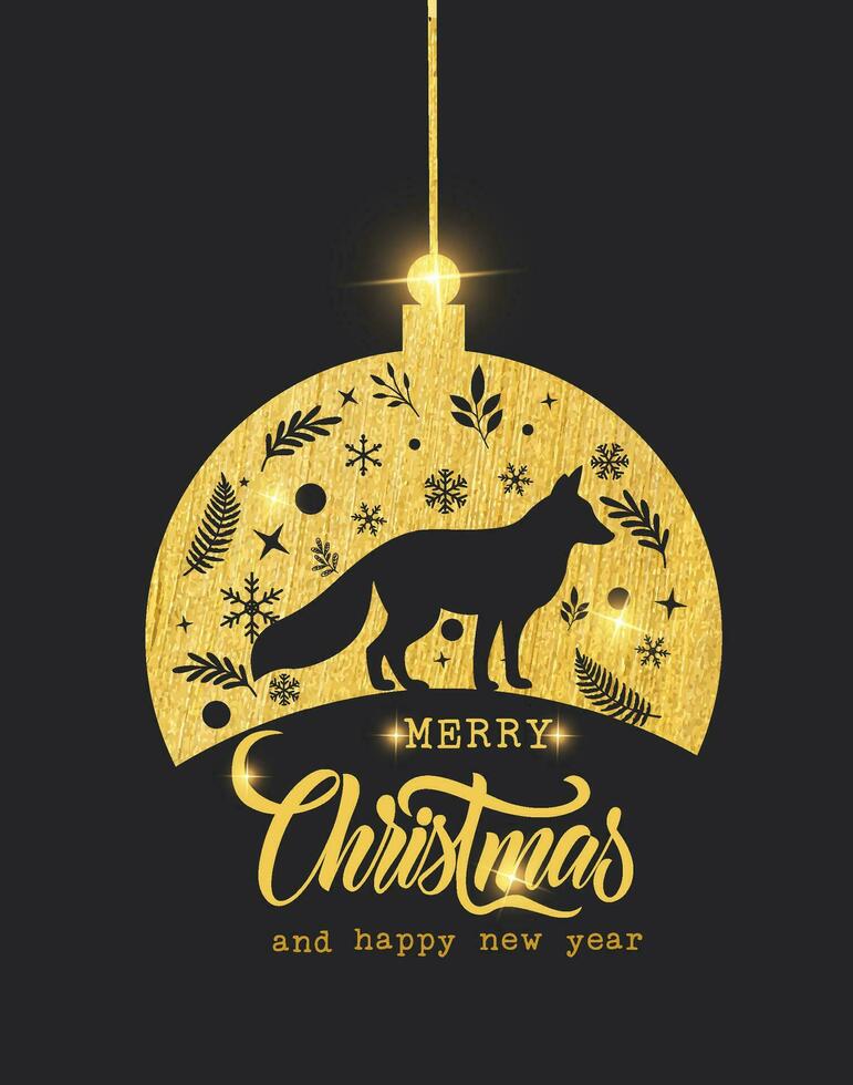 ontwerp donker contrast sprankelend met silhouet van vos en Kerstmis ornamenten. Kerstmis en nieuw jaar kaart. vector illustratie Aan zwart achtergrond.