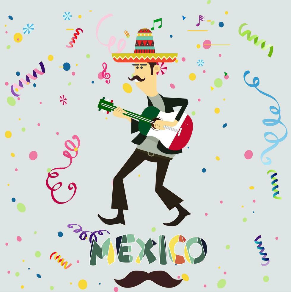 gitarist in sombrero tekenfilm vlak vector illustratie. mannetje gitarist met Mexico vlag gitaar patroon icoon decor naar feest. ornamenten partij Aan achtergrond.