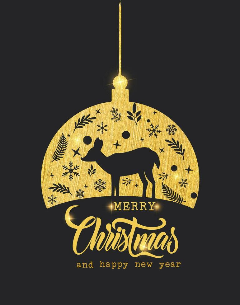 ontwerp donker contrast sprankelend met silhouet van jong hert en Kerstmis ornamenten. Kerstmis en nieuw jaar kaart. vector illustratie Aan zwart
