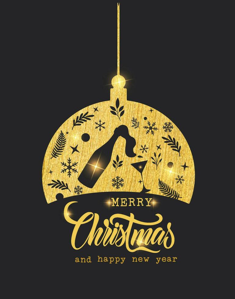 ontwerp donker contrast sprankelend met silhouet van rendier en Kerstmis ornamenten. Kerstmis en nieuw jaar kaart. vector illustratie Aan zwart achtergrond.