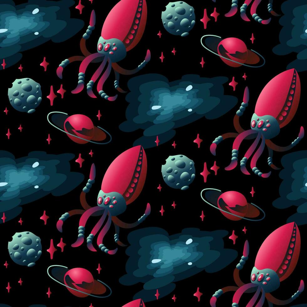 een patroon met ruimte insecten in de het formulier van een inktvis met tentakels. mechanisch dieren van blauw en roze kleuren vlieg in ruimte tussen een asteroïde en planeten Aan een zwart. vector helling buitenaards wezen insect