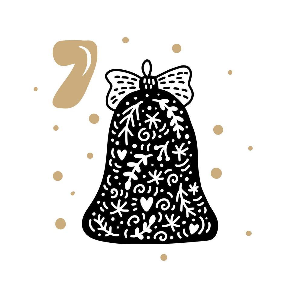 adventskalender met schattige Scandinavische handgetekende vector. vierentwintig dagen voor Kerstmis etno. zevende dag. winter illustratie van bel vector