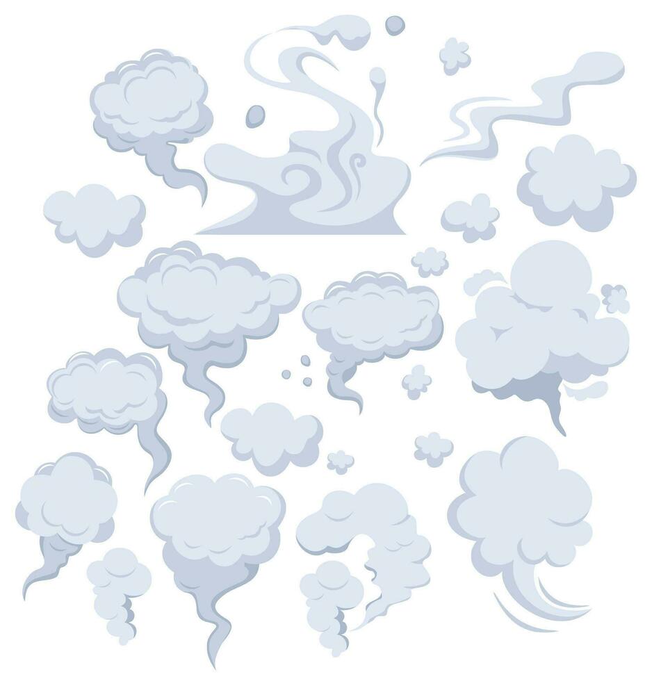 tekenfilm stof wolken set. grappig wolk vorm geven aan, verstuiven lucht rook, mist weg, explosie bom, auto gas, bladerdeeg magie effect. vector