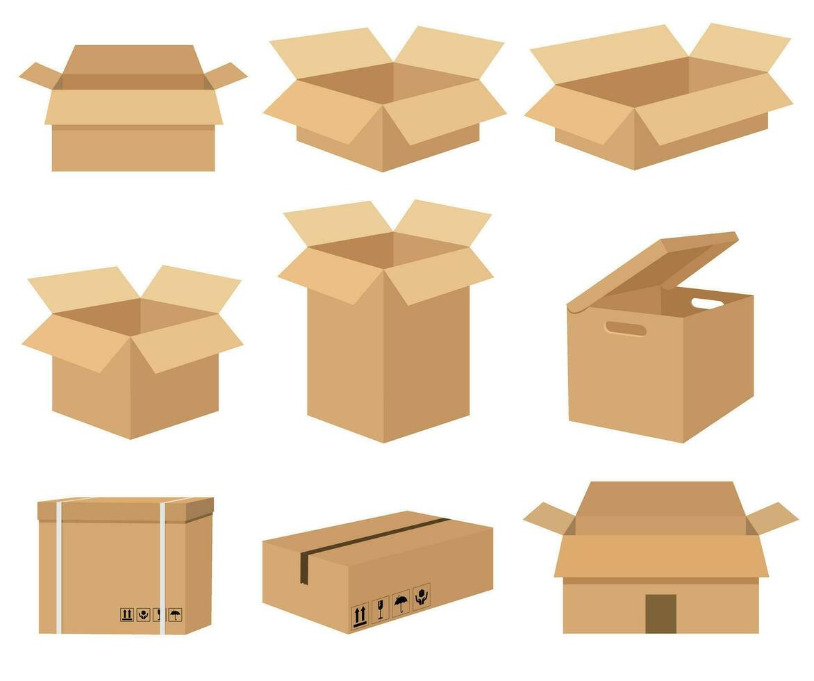 karton reeks van recycling karton levering dozen of post- pakket verpakking. karton levering verpakking Open en Gesloten doos met breekbaar tekens vector