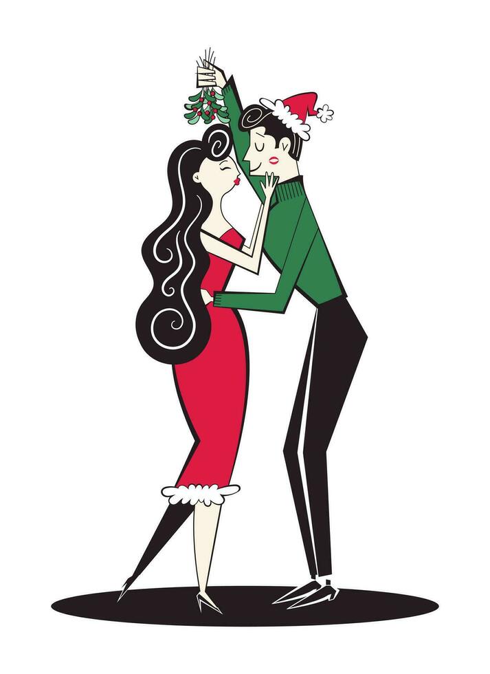 retro paar in retro stijl van jaren 60-70 zoenen onder de maretak. Mens en vrouw gekleed in Kerstmis vakantie kleding. vector