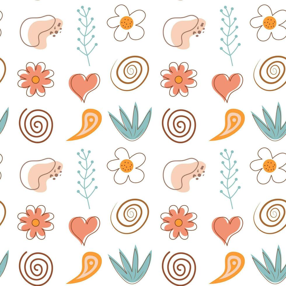 boho naadloos patroon. schattig bloemen, hart en abstract vormen achtergrond. vector