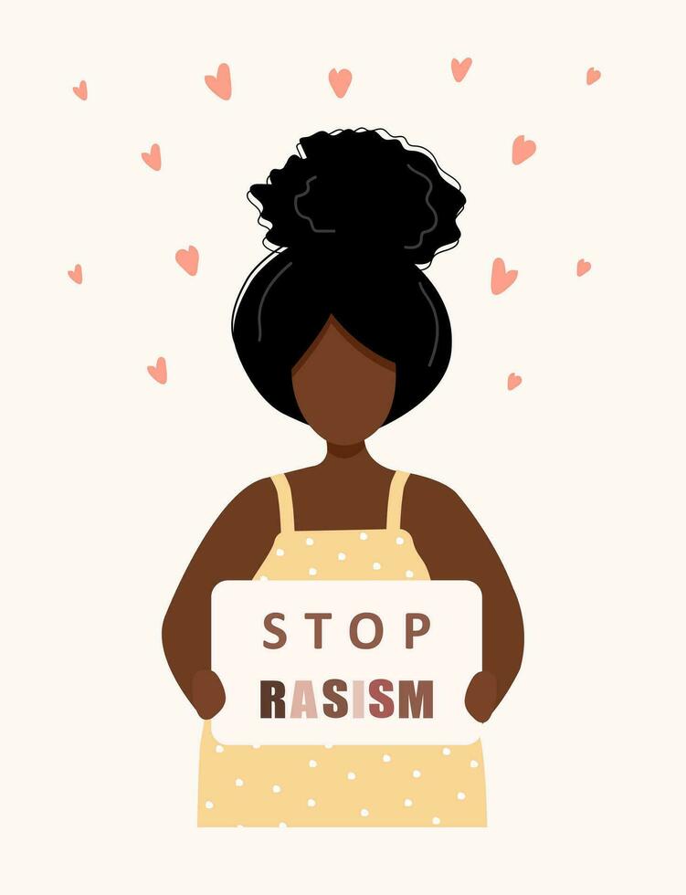 hou op racisme en geweld. zwart leeft zaken. Afrikaanse vrouw tekenfilm karakter. ik kan niet ademen. sociaal poster en web spandoek. modern vector illustratie in vlak stijl.
