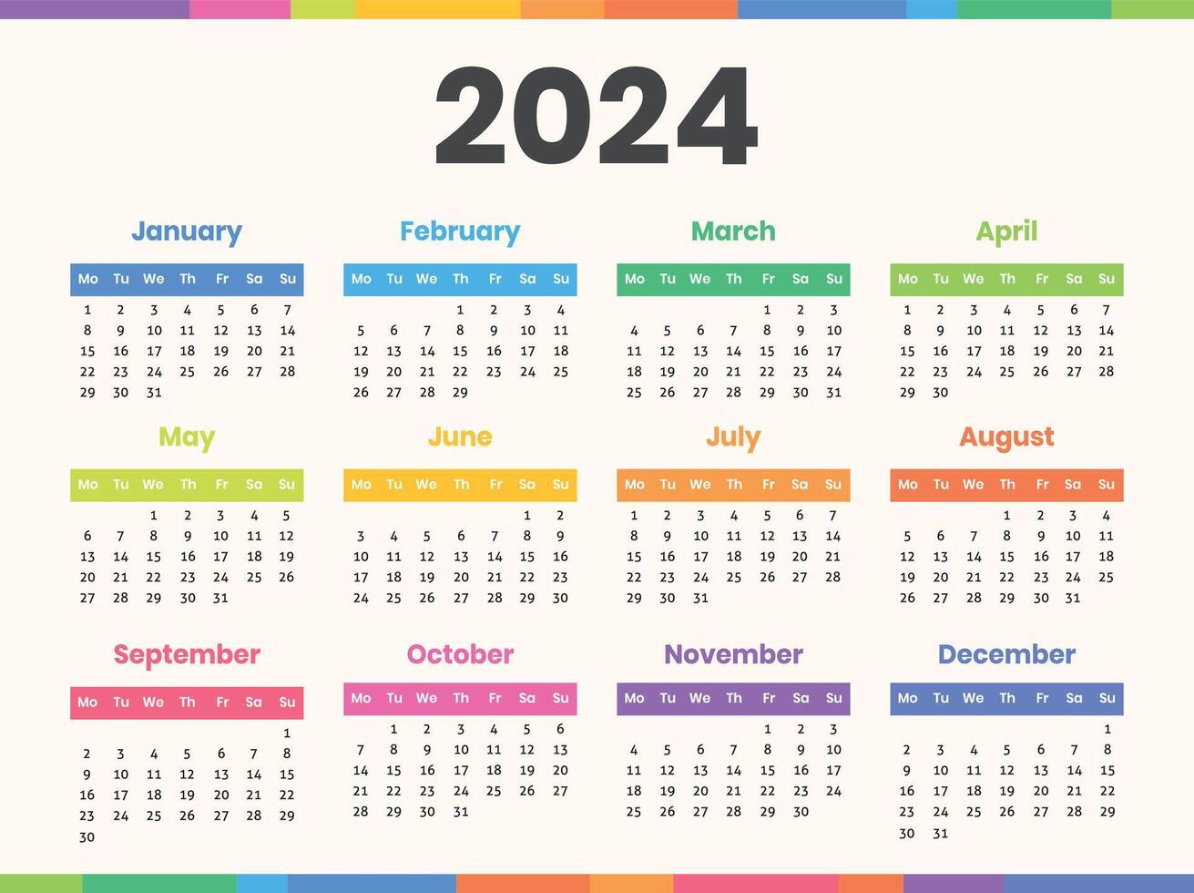 2024 jaren kalender. kalender indeling. week begint zondag. bureau ontwerper sjabloon met 12 maanden. plein organisator rooster. jaarlijks schrijfbehoeften dagboek. vector .maandelijks kalender sjabloon kleur