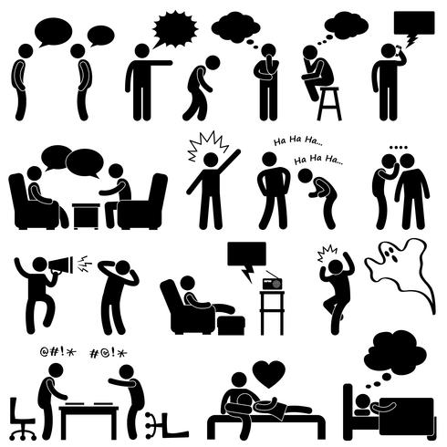 Man Talking Thinking Conversation dacht lach Grapje Whispering Screaming Chatten Pictogram Symbool Teken Pictogram. vector