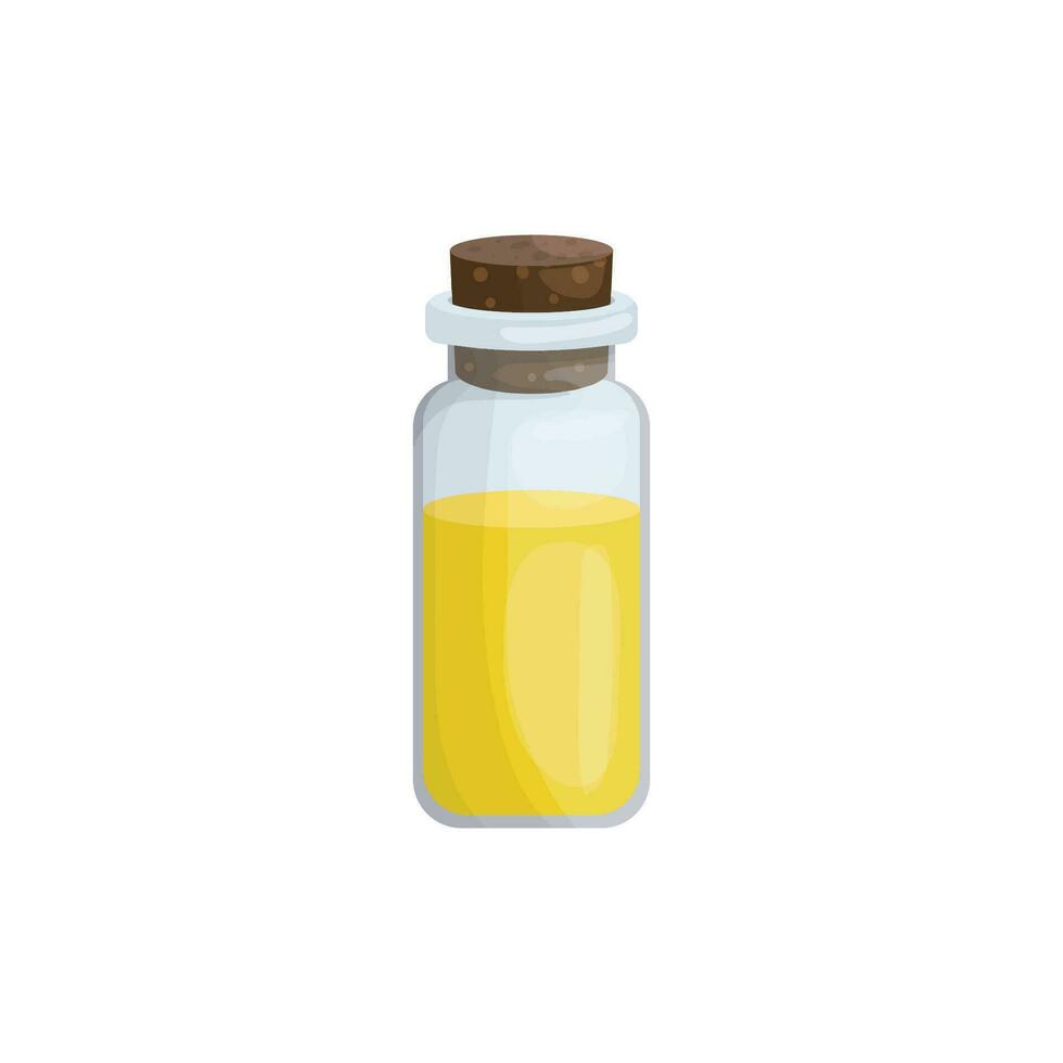 vector illustratie met glas fles van essentieel olie in tekenfilm stijl. olie voor apromatherapie spa procedures en parfumerie maken. icoon voor website ontwerp, verpakking