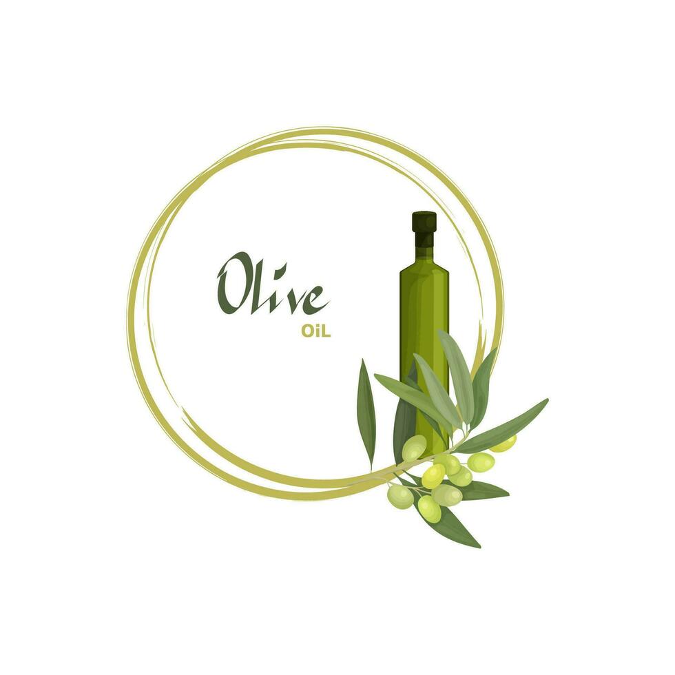 vector illustratie van een ronde kader of krans van een olijf- boom met fruit en een fles van olijf- olie. voor uitnodigingen, dank u kaarten, etiketten en advertenties