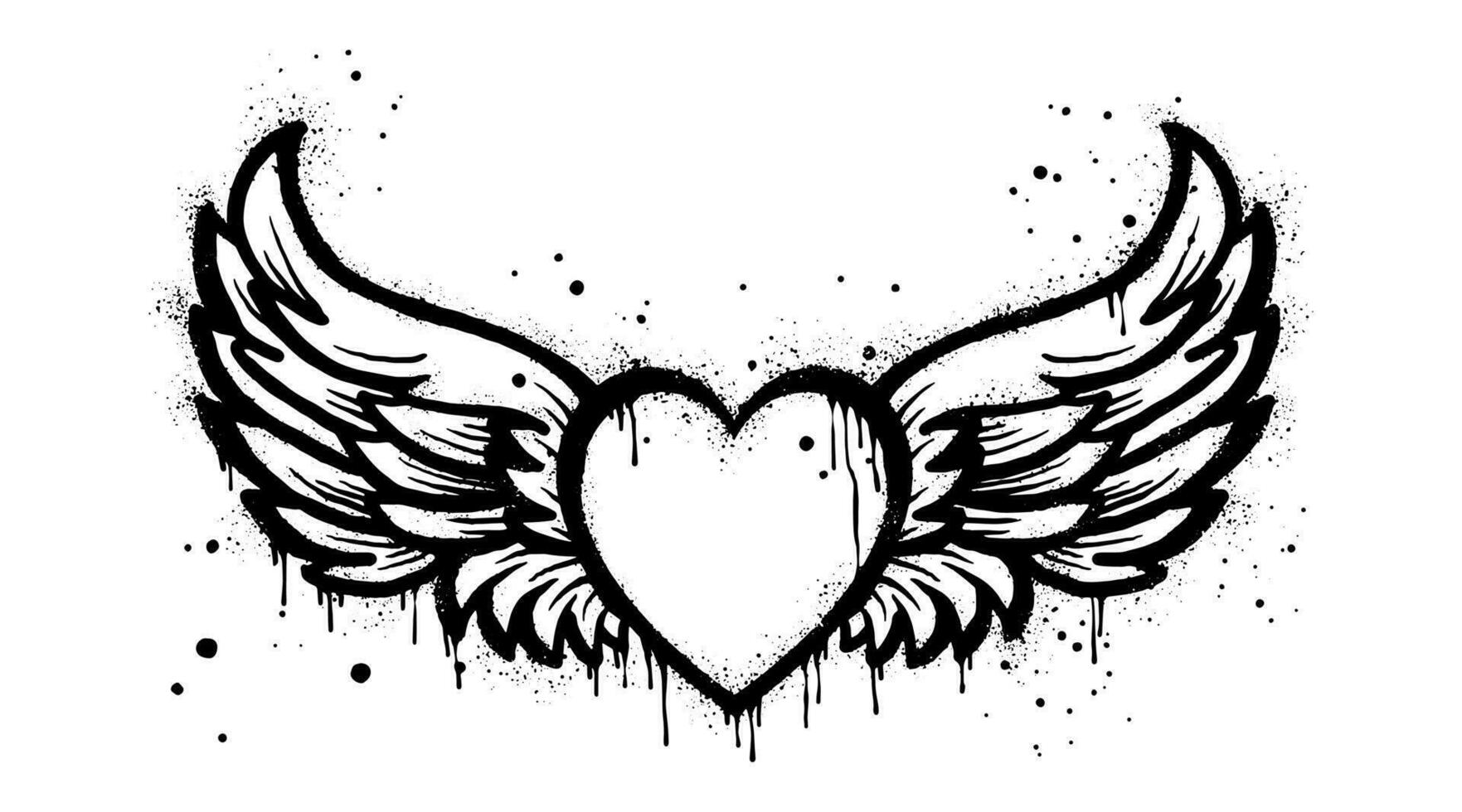 verstuiven geschilderd graffiti vliegend hart met Vleugels icoon in zwart over- wit. hart met Vleugels druppelen symbool. geïsoleerd Aan wit achtergrond. vector illustratie