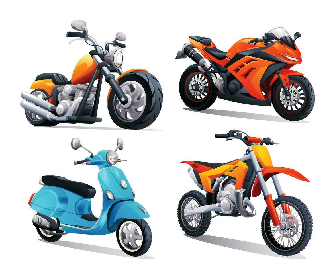 motorfiets reeks vector tekenfilm illustratie. bijl, sport fiets, scooter, motorcross geïsoleerd Aan wit achtergrond