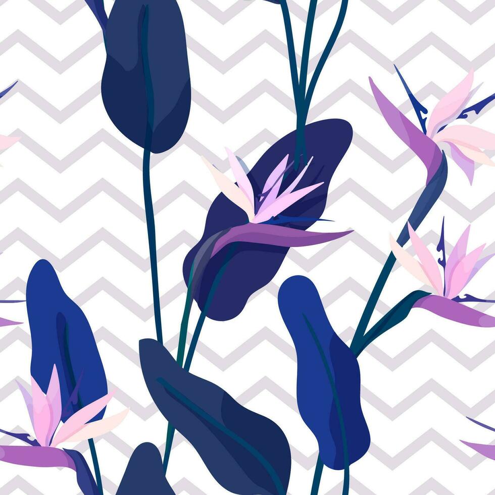 vector illustratie met strelitzia bloemen naadloos patroon en meetkundig patroon zigzag in blauw. tropisch oerwoud en vogel van paradijs met een zigzag in de achtergrond. voor kleding stof of behang.