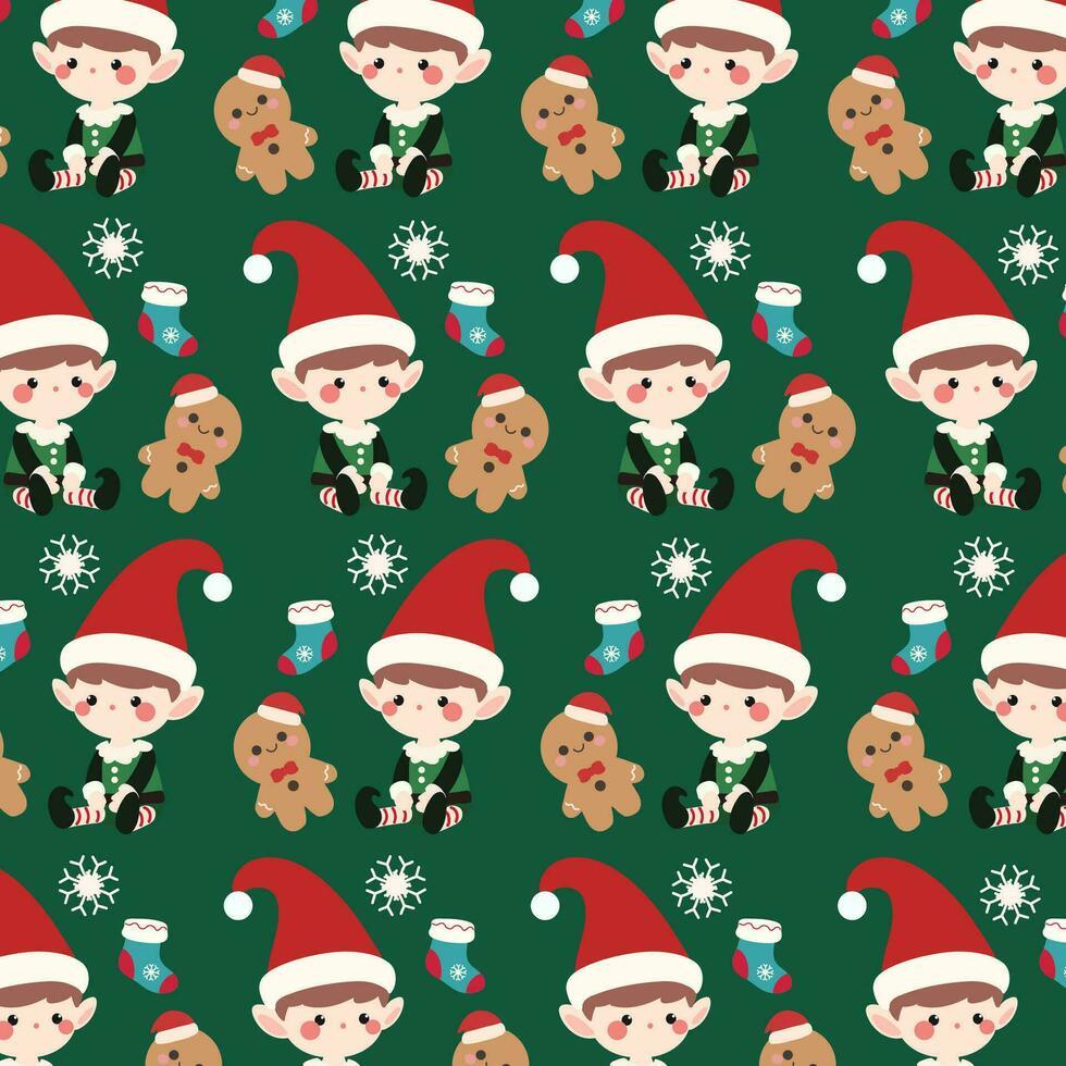 schattig Kerstmis patroon Kenmerken een schattig elf jongen, koekje Mens, sok, sneeuwvlok, en groen achtergrond. vector