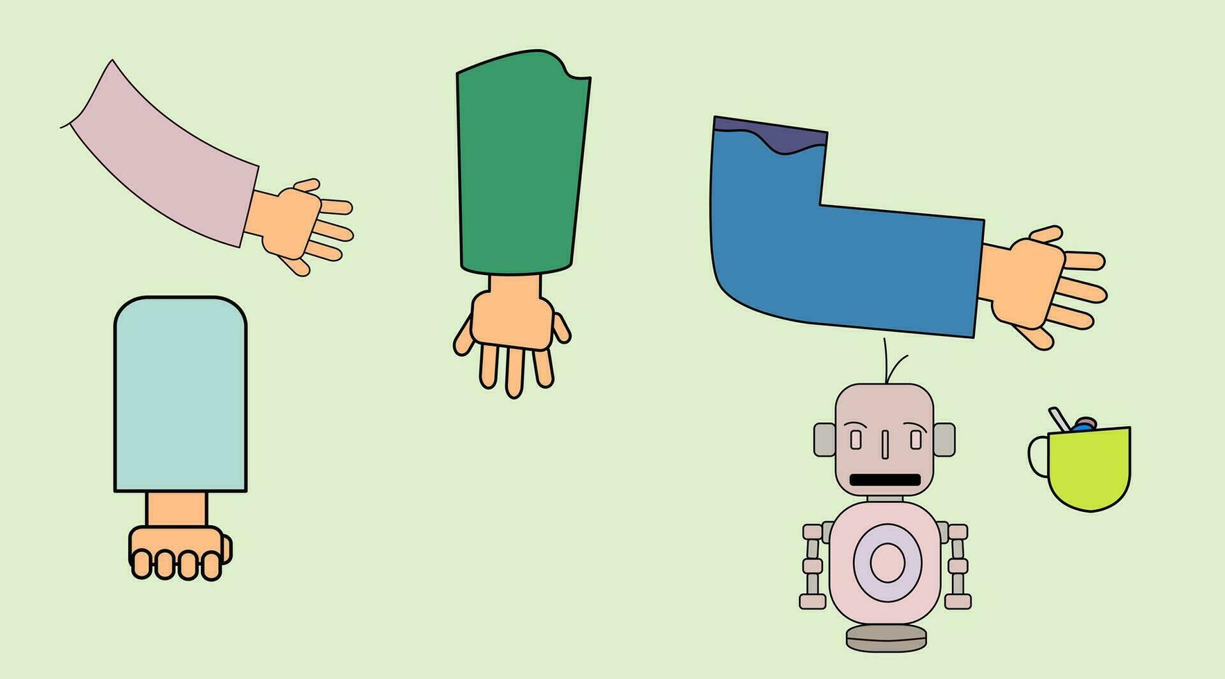 hand- en robot pictogrammen, handen in divers posities, verzameling van vector hand- illustraties, hand, pols, verzameling, icoon, vector
